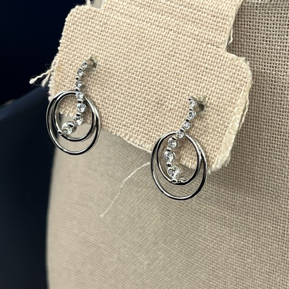 Vintage Sterling Silver Double Hoop Earrings with CZ Accents, Rhodium Plated - Picture 3 of 15